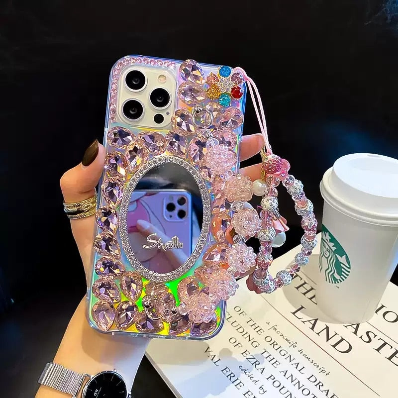 Bling Diamond Bead Chain Mirror Strap Phone Case For iPhone 14/15