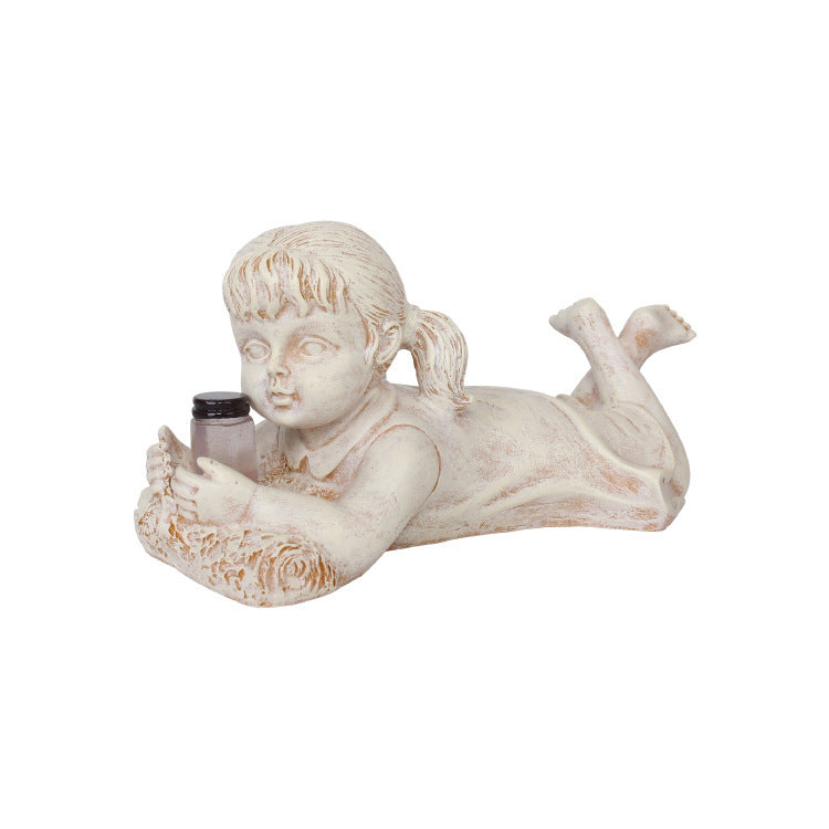 Cute Boy and Girl Resin Statue Craft With Solar Lighted Firefly Jar