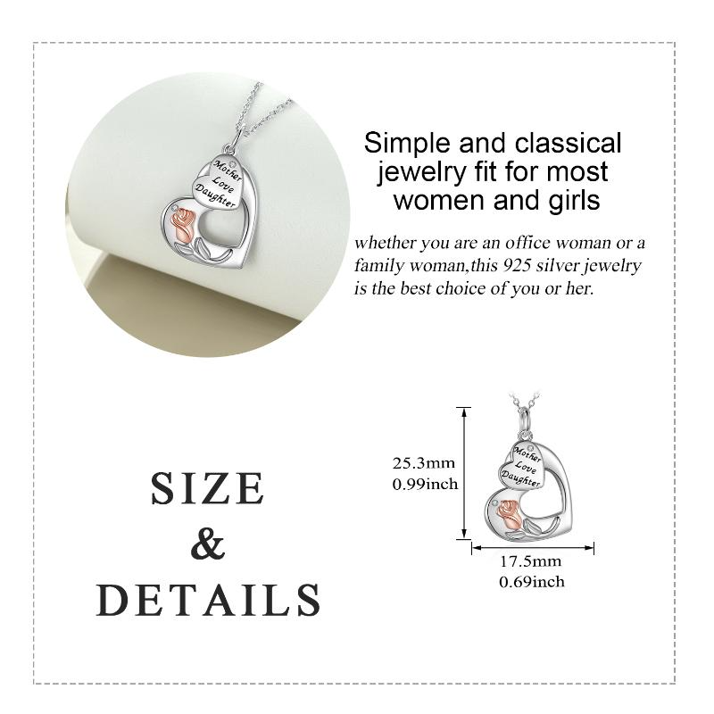 Mother Daughter Necklace Sterling Silver Love Heart Rose Flower Pendant Necklace