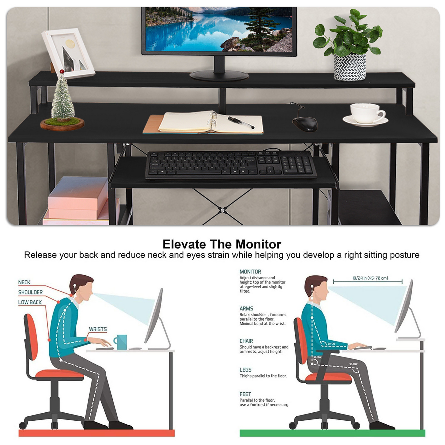 Modern Computer Desk With Storage Shelves Home Learning Desk Workstation Black