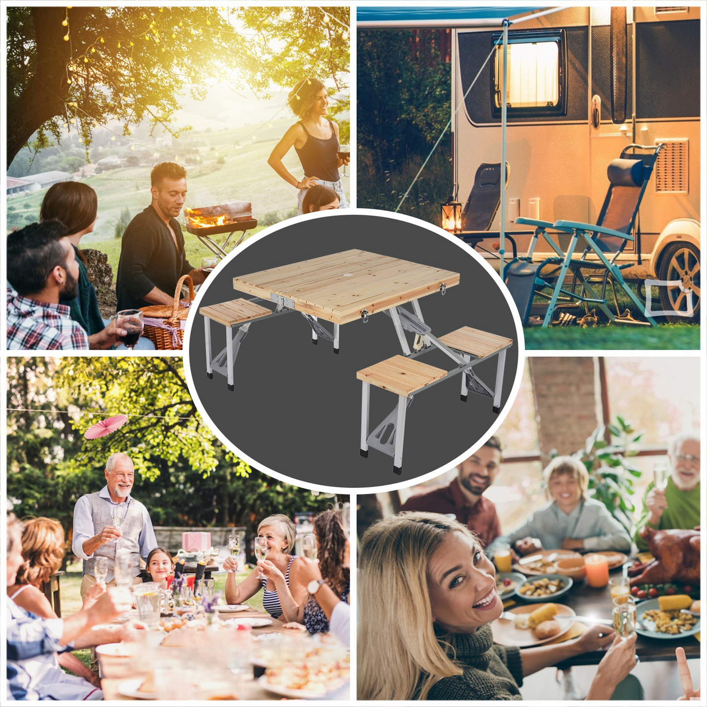 Portable Foldable Camping Table With Seats Chairs And Umbrella Hole