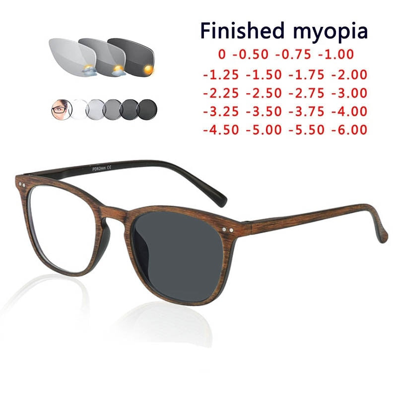 Photochromic Wood Grain Frame Prescription Myopia Sunglasses