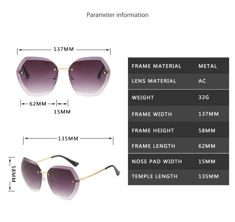 Fashion Brand Design Vintage Rimless Pilot Sunglasses For Women