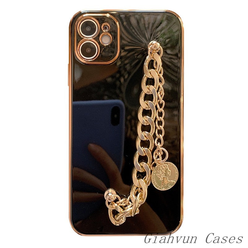 Luxury Plating Glossy Metal Coin Bracelet Chain Soft Case For iPhone