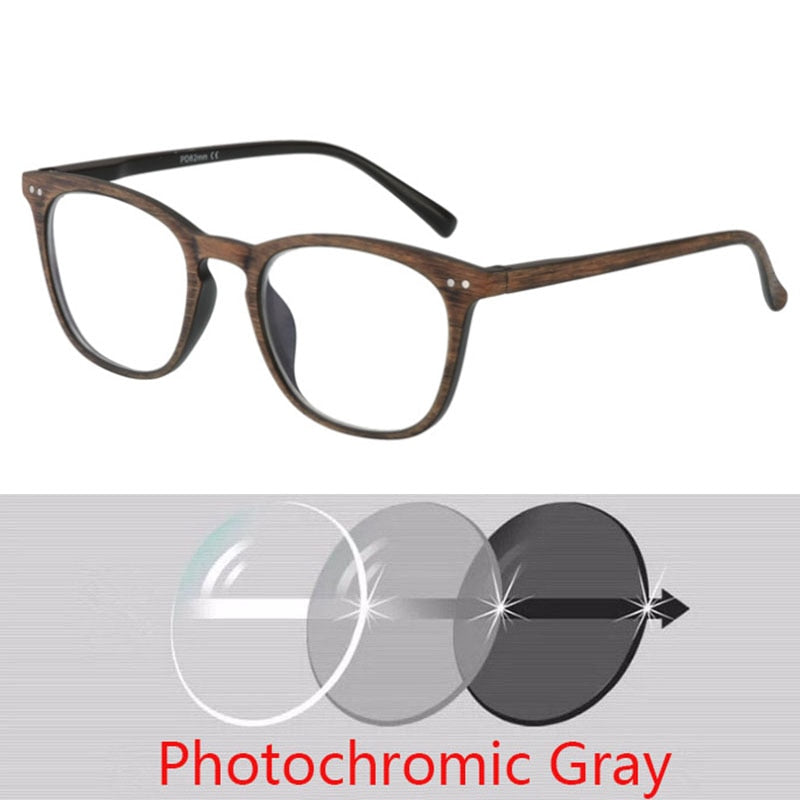Photochromic Wood Grain Frame Prescription Myopia Sunglasses