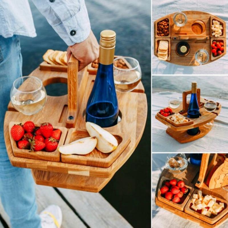 Wooden Outdoor Portable Camping Picnic Table With Wine|Glass Holders & Storage Tray