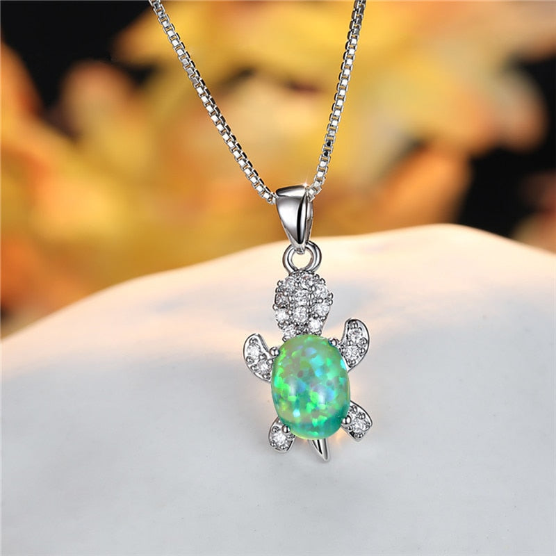 Cute Turtle Blue Purple Oval Zircon Pendant Rainbow Stone Necklaces