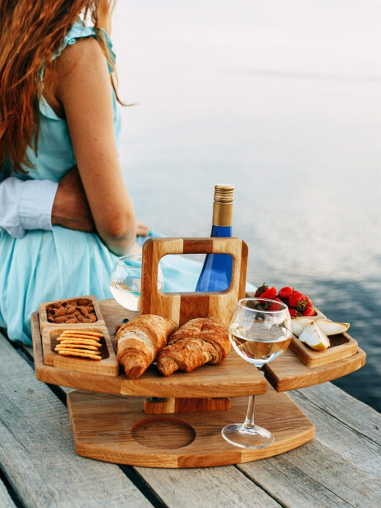 Wooden Outdoor Portable Camping Picnic Table With Wine|Glass Holders & Storage Tray