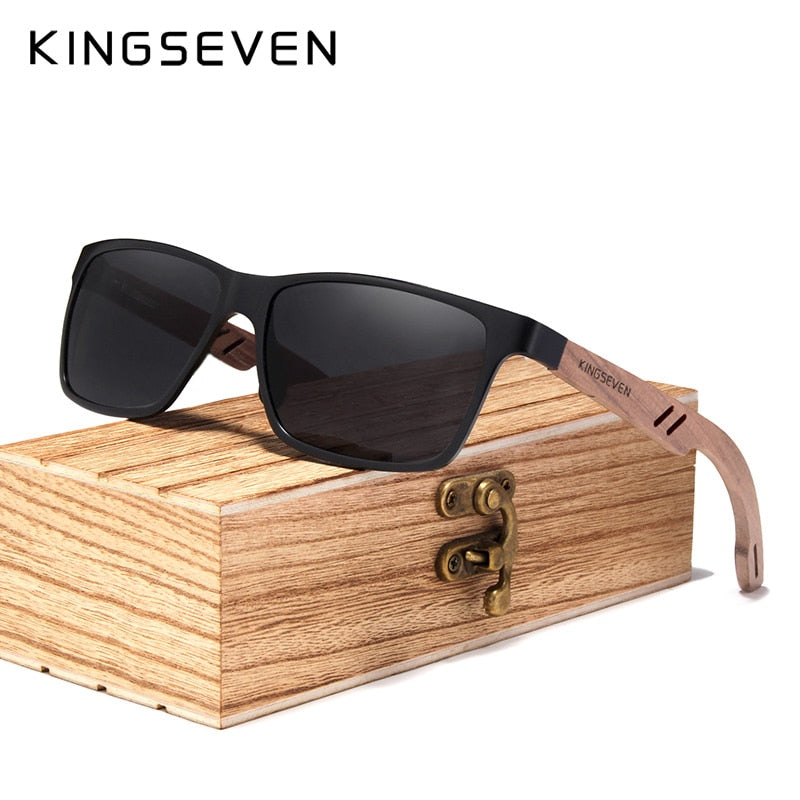 KINGSEVEN TR90+Natural Walnut Wooden Retro Polarized Sunglasses For Men - UV400 Protection