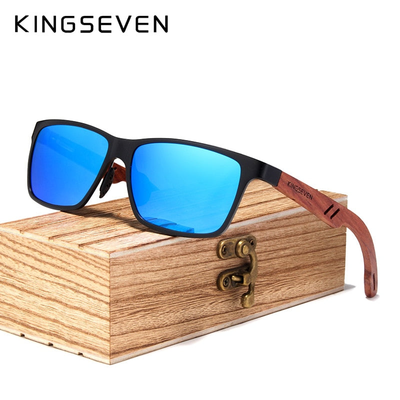 KINGSEVEN Retro Aluminum+Wood Sunglasses For Men & Women With Wooden Case