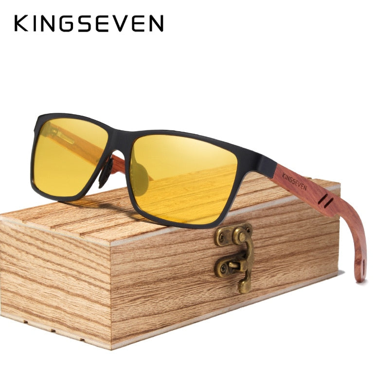KINGSEVEN Retro Aluminum+Wood Sunglasses For Men & Women With Wooden Case