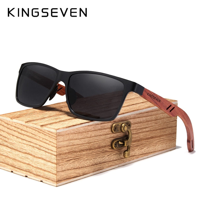 KINGSEVEN Retro Aluminum+Wood Sunglasses For Men & Women With Wooden Case