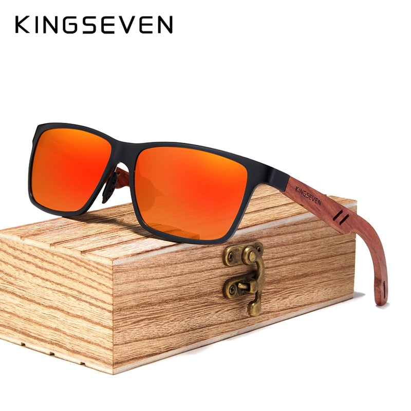 KINGSEVEN Retro Aluminum+Wood Sunglasses For Men & Women With Wooden Case