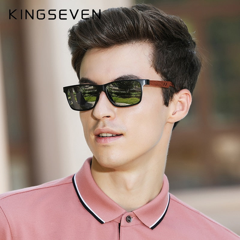 KINGSEVEN Retro Aluminum+Wood Sunglasses For Men & Women With Wooden Case