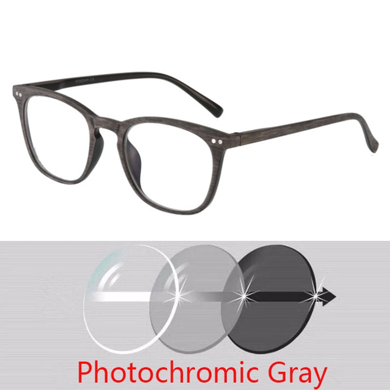 Photochromic Wood Grain Frame Prescription Myopia Sunglasses