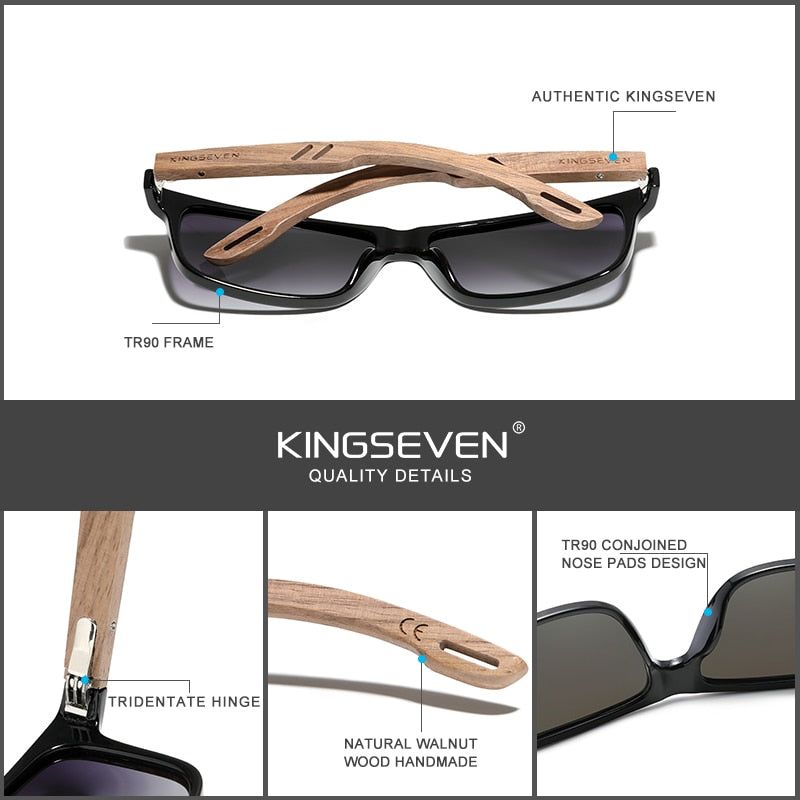 KINGSEVEN TR90+Natural Walnut Wooden Retro Polarized Sunglasses For Men - UV400 Protection