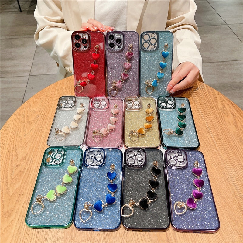 Luxury Flash Plating Frame With Love Heart Bracelet Phone Case