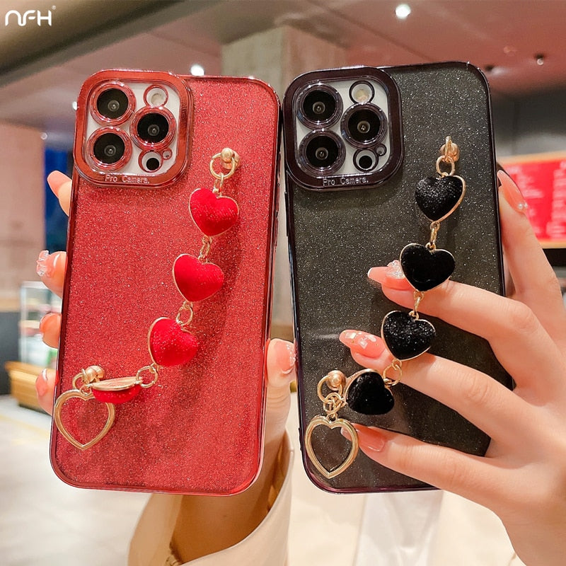 Luxury Flash Plating Frame With Love Heart Bracelet Phone Case