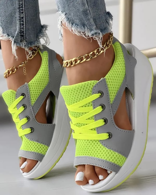 Summer Contrast Paneled Cutout Lace-up Muffin Sandals