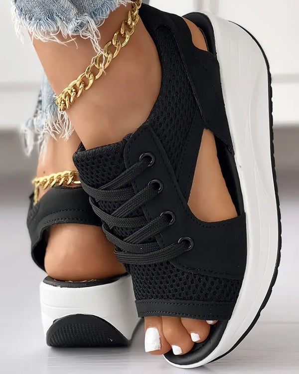 Summer Contrast Paneled Cutout Lace-up Muffin Sandals