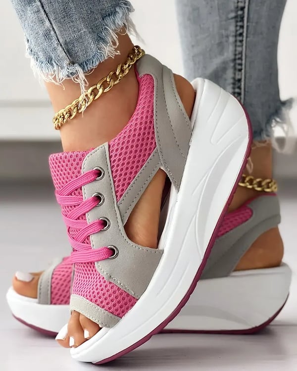 Summer Contrast Paneled Cutout Lace-up Muffin Sandals