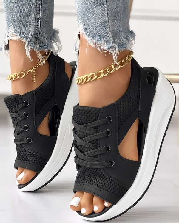 Summer Contrast Paneled Cutout Lace-up Muffin Sandals