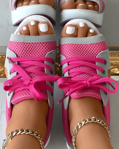 Summer Contrast Paneled Cutout Lace-up Muffin Sandals