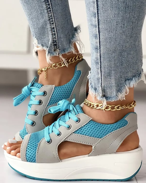 Summer Contrast Paneled Cutout Lace-up Muffin Sandals