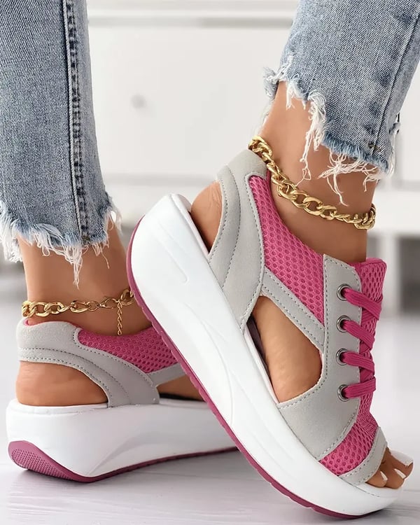 Summer Contrast Paneled Cutout Lace-up Muffin Sandals