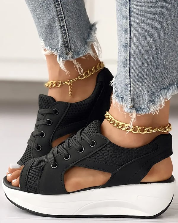 Summer Contrast Paneled Cutout Lace-up Muffin Sandals