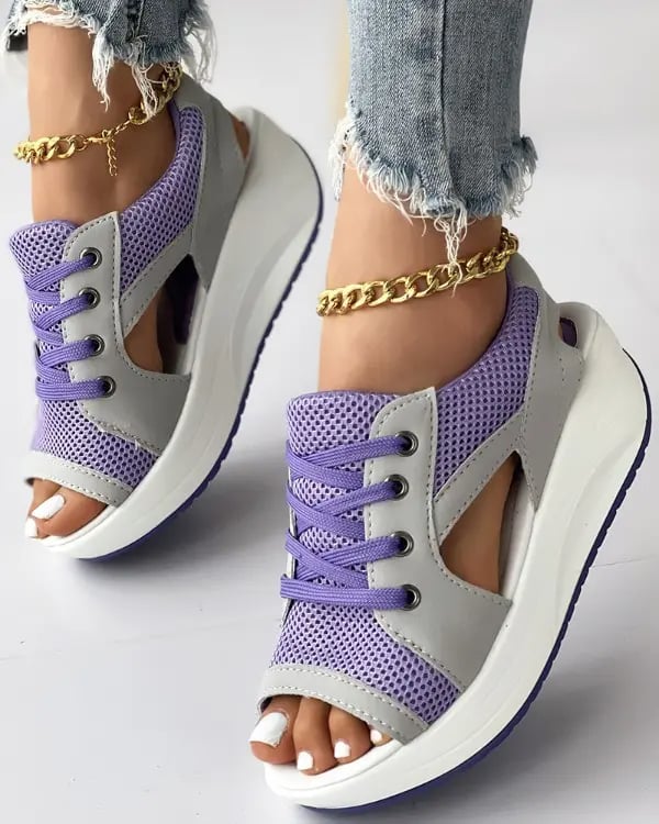 Summer Contrast Paneled Cutout Lace-up Muffin Sandals