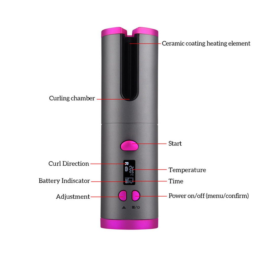 Automatic Hair Curler Curling Iron Wireless Ceramic USB Rechargeable With LED Digital Display