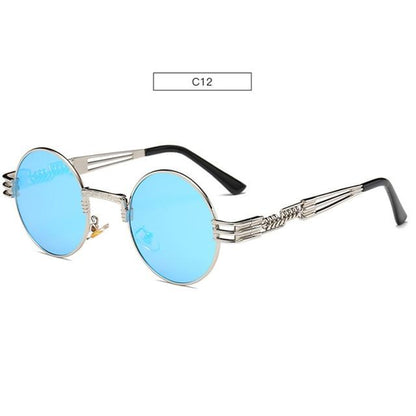 Retro Steampunk Style Gold Metal Round Sunglasses For Men and Women With Mirror Coating