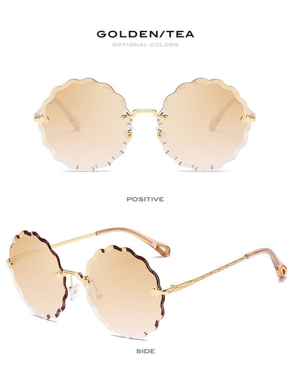 Lady Round Rimless Sunglasses With Diamond Cut Lens