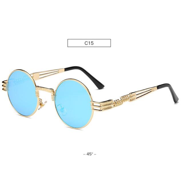 Retro Steampunk Style Gold Metal Round Sunglasses For Men and Women With Mirror Coating
