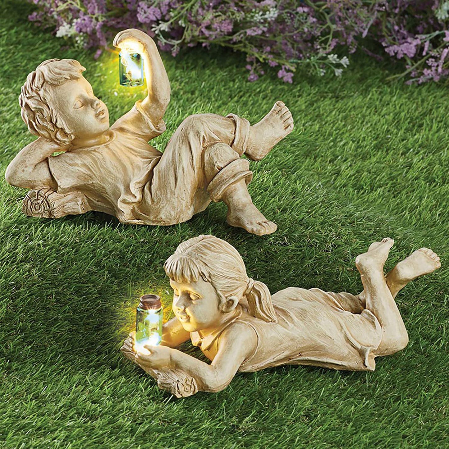 Cute Boy and Girl Resin Statue Craft With Solar Lighted Firefly Jar