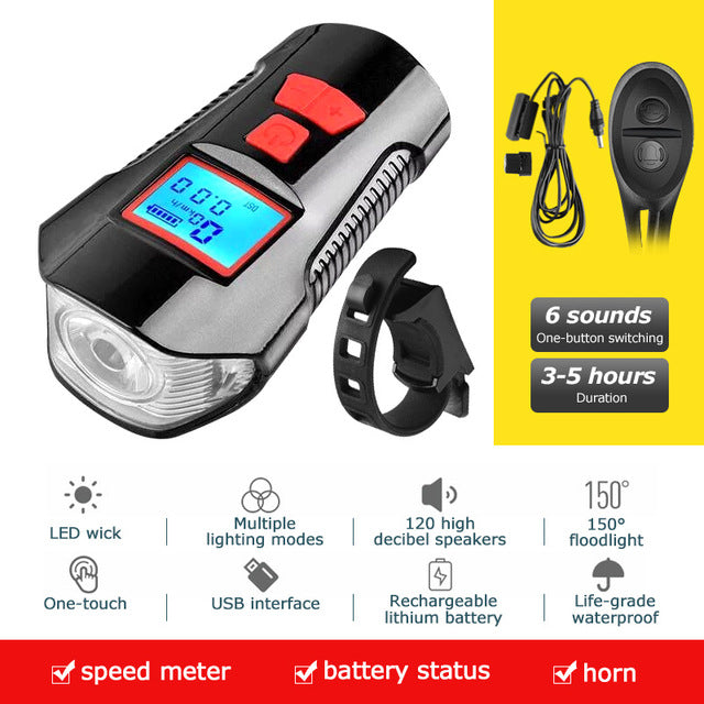 Waterproof Bicycle Light USB Charging With Horn | Speedometer