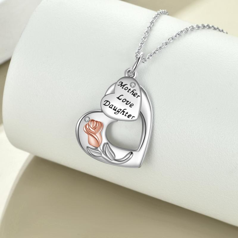 Mother Daughter Necklace Sterling Silver Love Heart Rose Flower Pendant Necklace