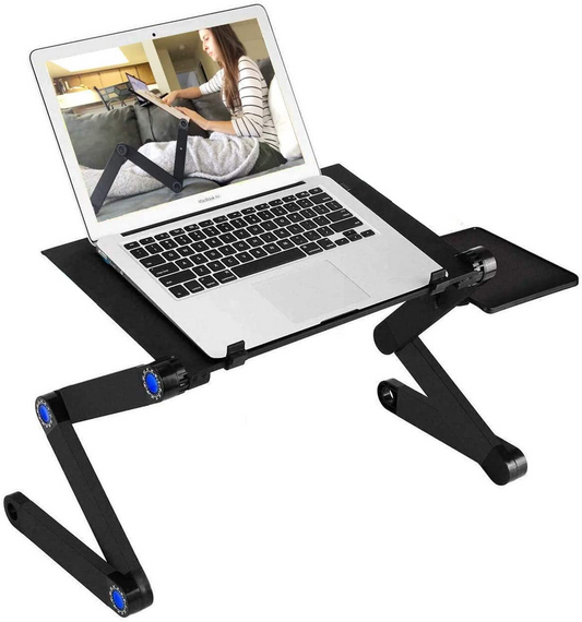 RAINBEAN  Foldable Aluminum Notebook Stand With 2 CPU Cooling USB Fans With Mouse Pad