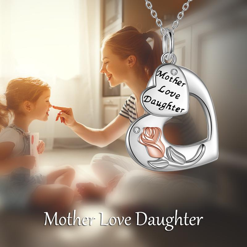 Mother Daughter Necklace Sterling Silver Love Heart Rose Flower Pendant Necklace