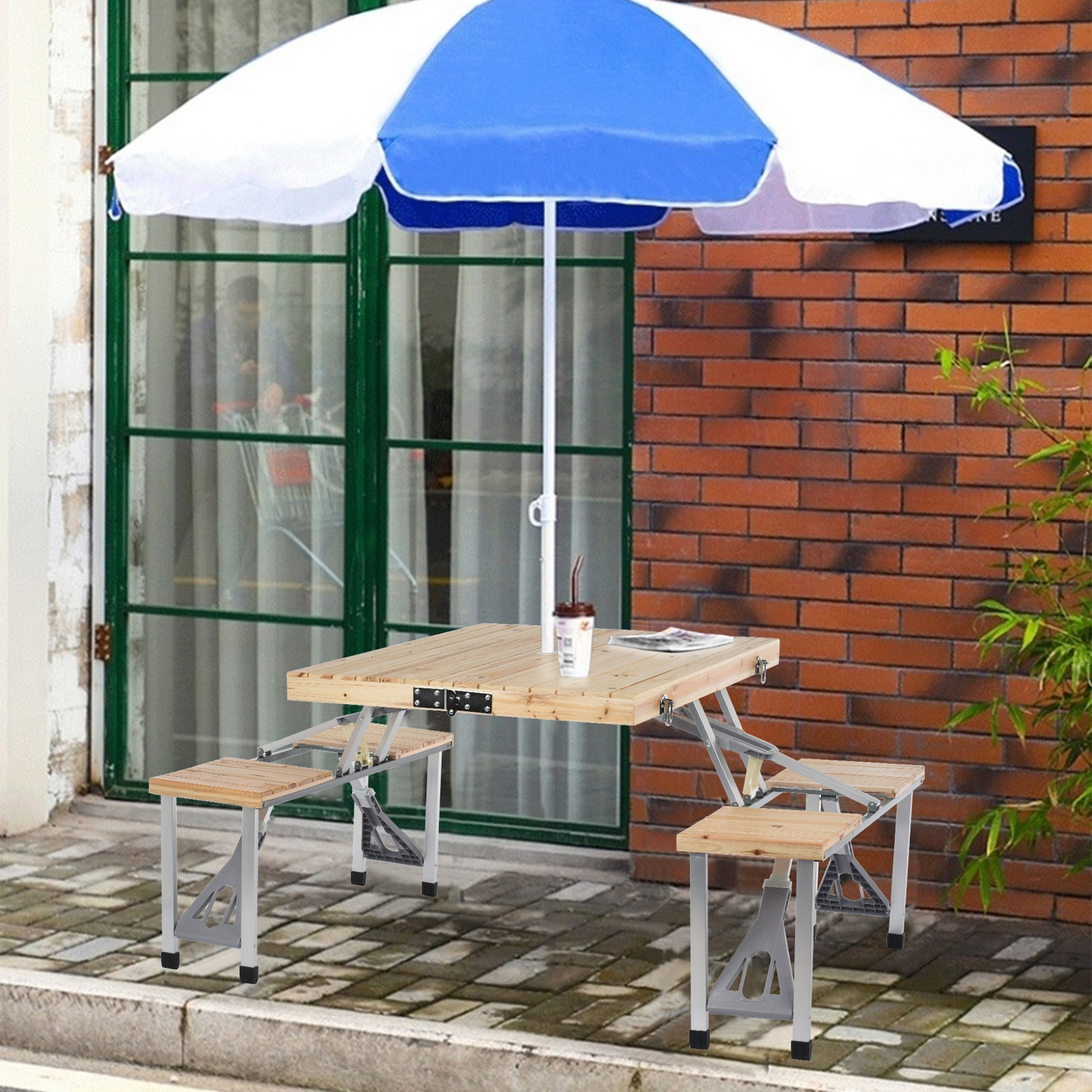Portable Foldable Camping  Table With Seats Chairs And Umbrella Hole
