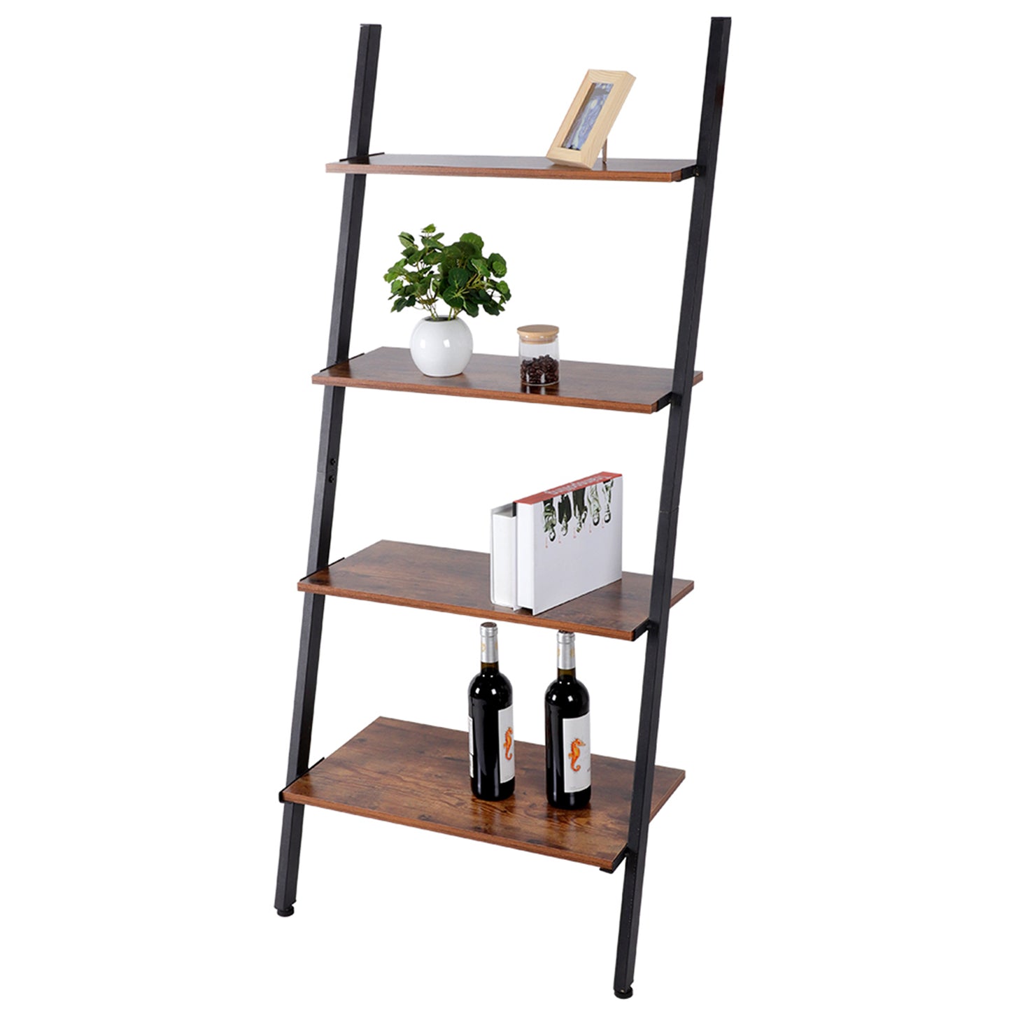 Ladder Shelf 4 Tier Bookshelf Storage Display Shelves Industrial Wood