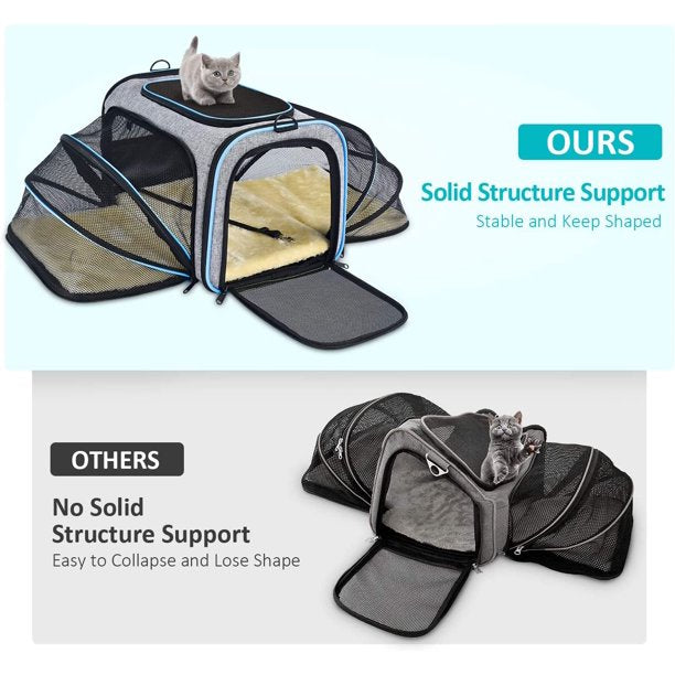 Expandable Foldable Soft-Sided Pet Travel Bag  - Safe Airline Approved | 3 Open Doors 2 | Reflective Tapes | Cats And Dogs