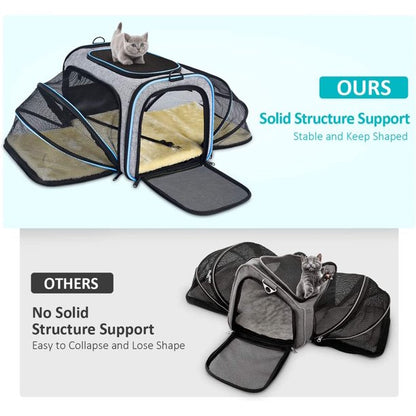 Expandable Foldable Soft-Sided Pet Travel Bag  - Safe Airline Approved | 3 Open Doors 2 | Reflective Tapes | Cats And Dogs