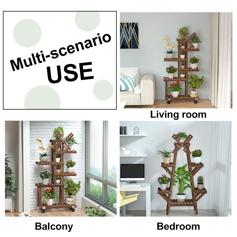 Multi-Tier Wooden Plant Flower Stand Plants Shelf Bookshelf Standing Flower Potted Windmill Plant Holder Display Outdoor Decor + Planting Tools Kit with Wheel