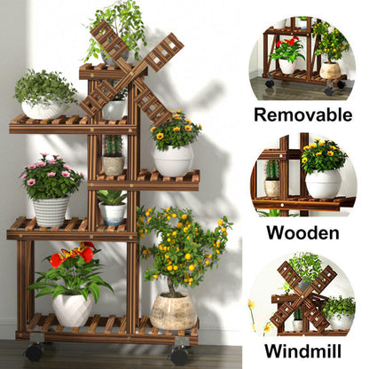 Multi-Tier Wooden Plant|Flower Bookshelf Stand with Wheel + Planting Tools Kit with Wheel