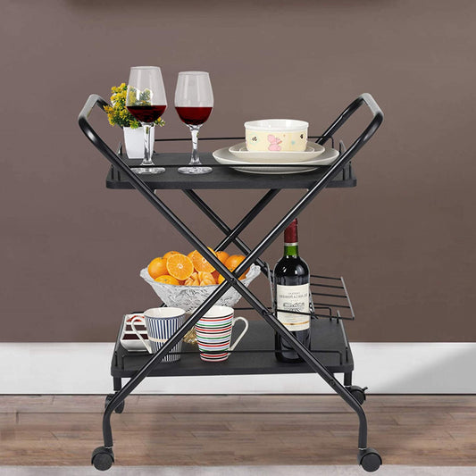 2-Tier Multi-Functional Metal Rolling Utility Cart With Lockable Wheels - Storage Rack For Bar | Kitchen | Office