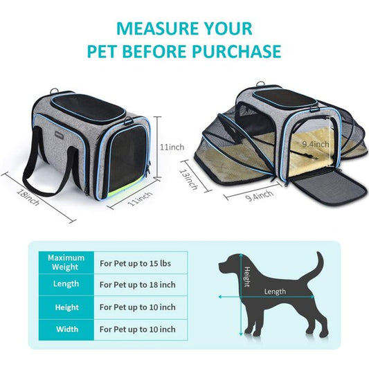 Expandable Foldable Soft-Sided Pet Travel Bag  - Safe Airline Approved | 3 Open Doors 2 | Reflective Tapes | Cats And Dogs