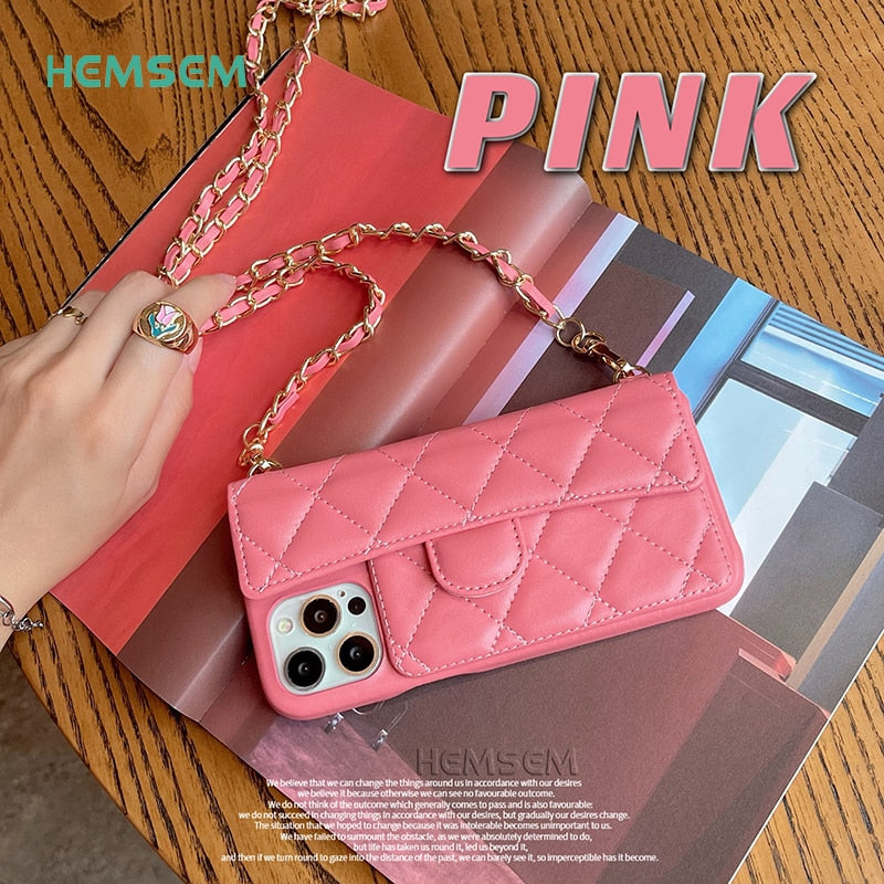 Fashion Chain Crossbody Lambskin PU Leather Case for iPhone