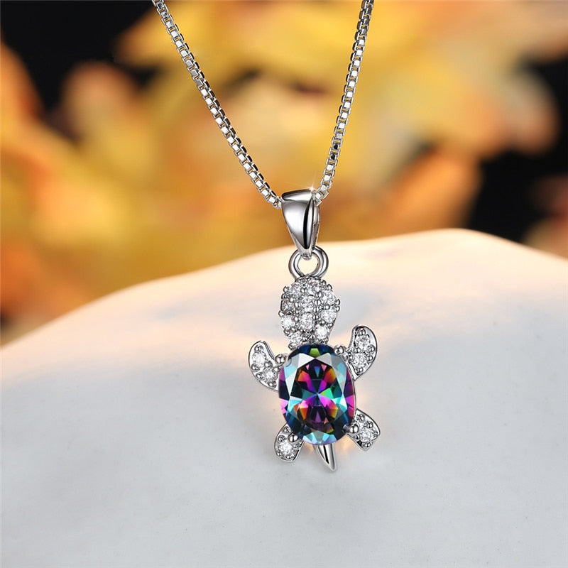 Cute Turtle Blue Purple Oval Zircon Pendant Rainbow Stone  Necklaces